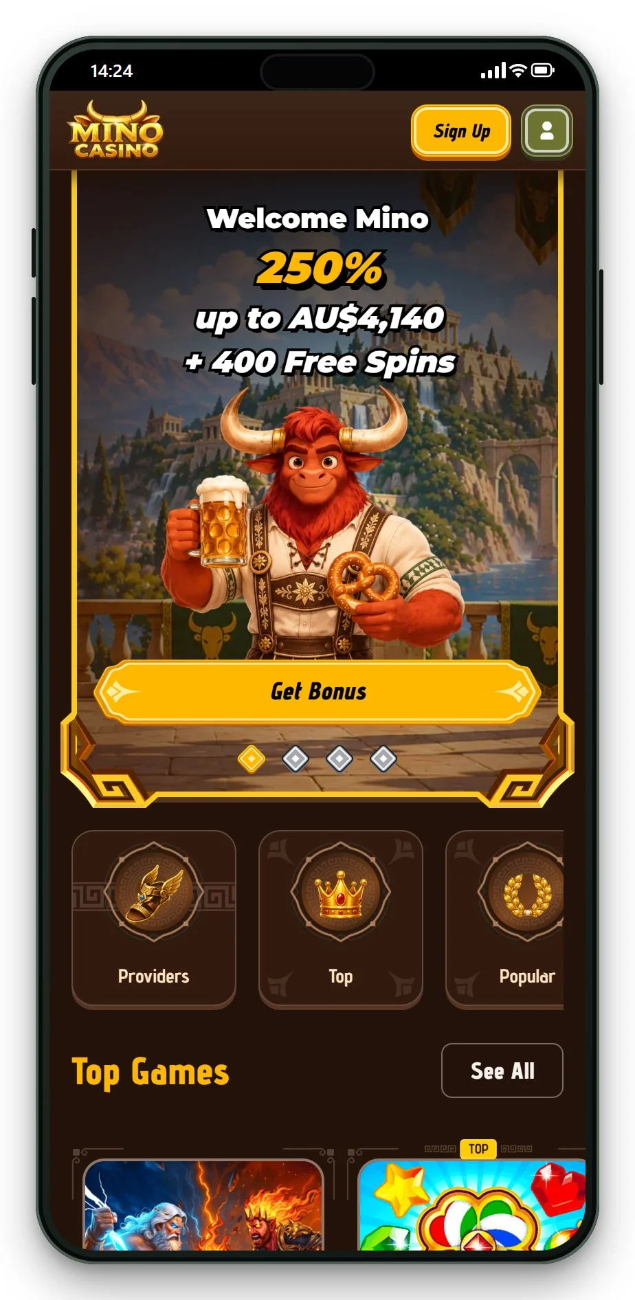 malta licensed casinos: Mino Casino mobile lobby