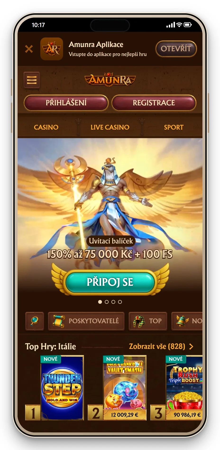 casino s licencí MGA: mobilní lobby AmunRa