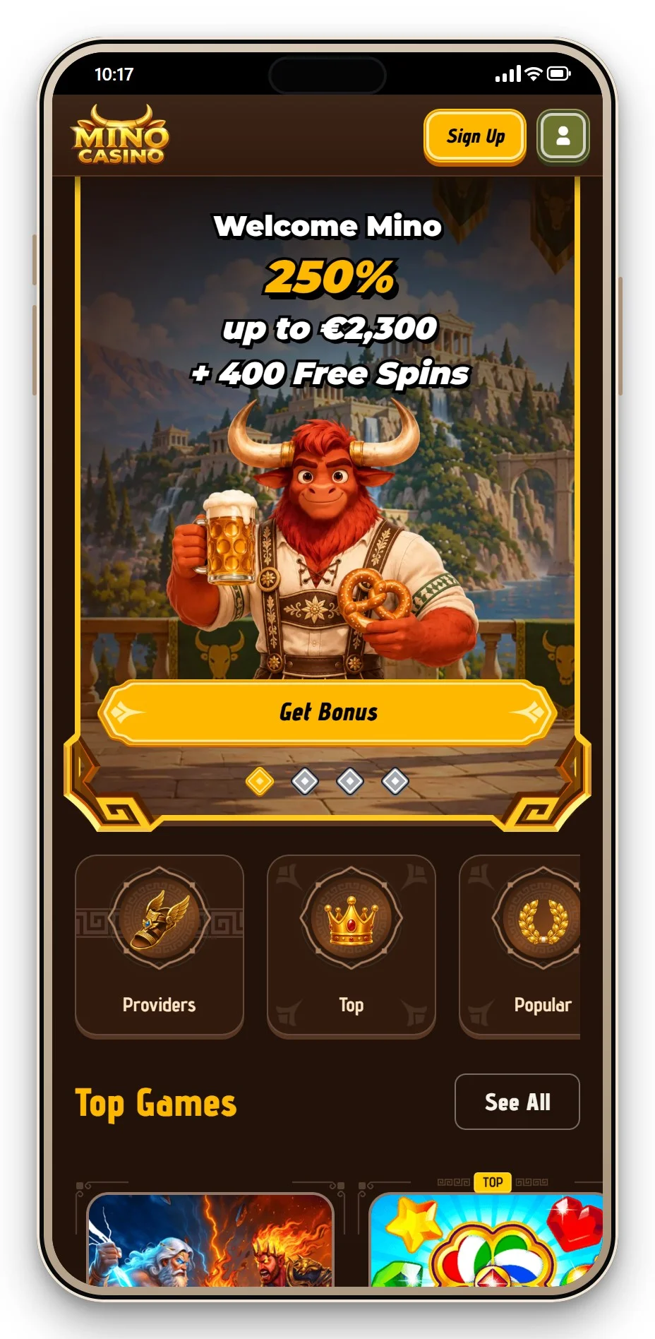 MGA online casino: mobilní lobby Mino Casino