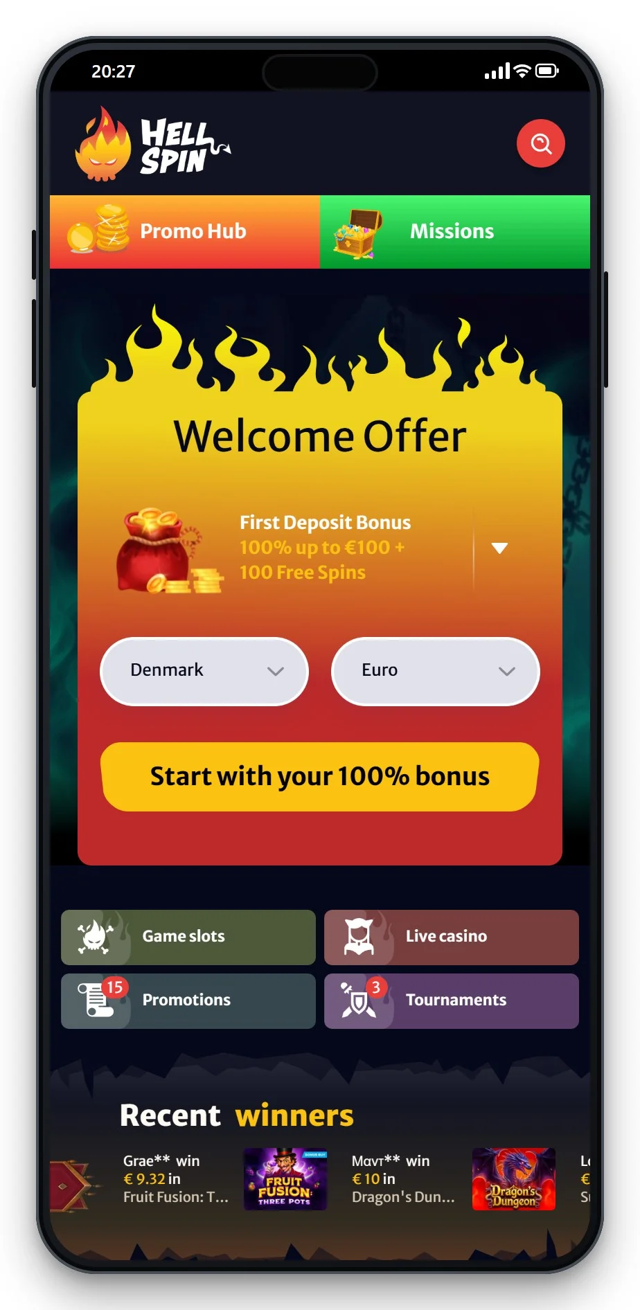 mga casino: lobbyen hos HellSpin på mobilen