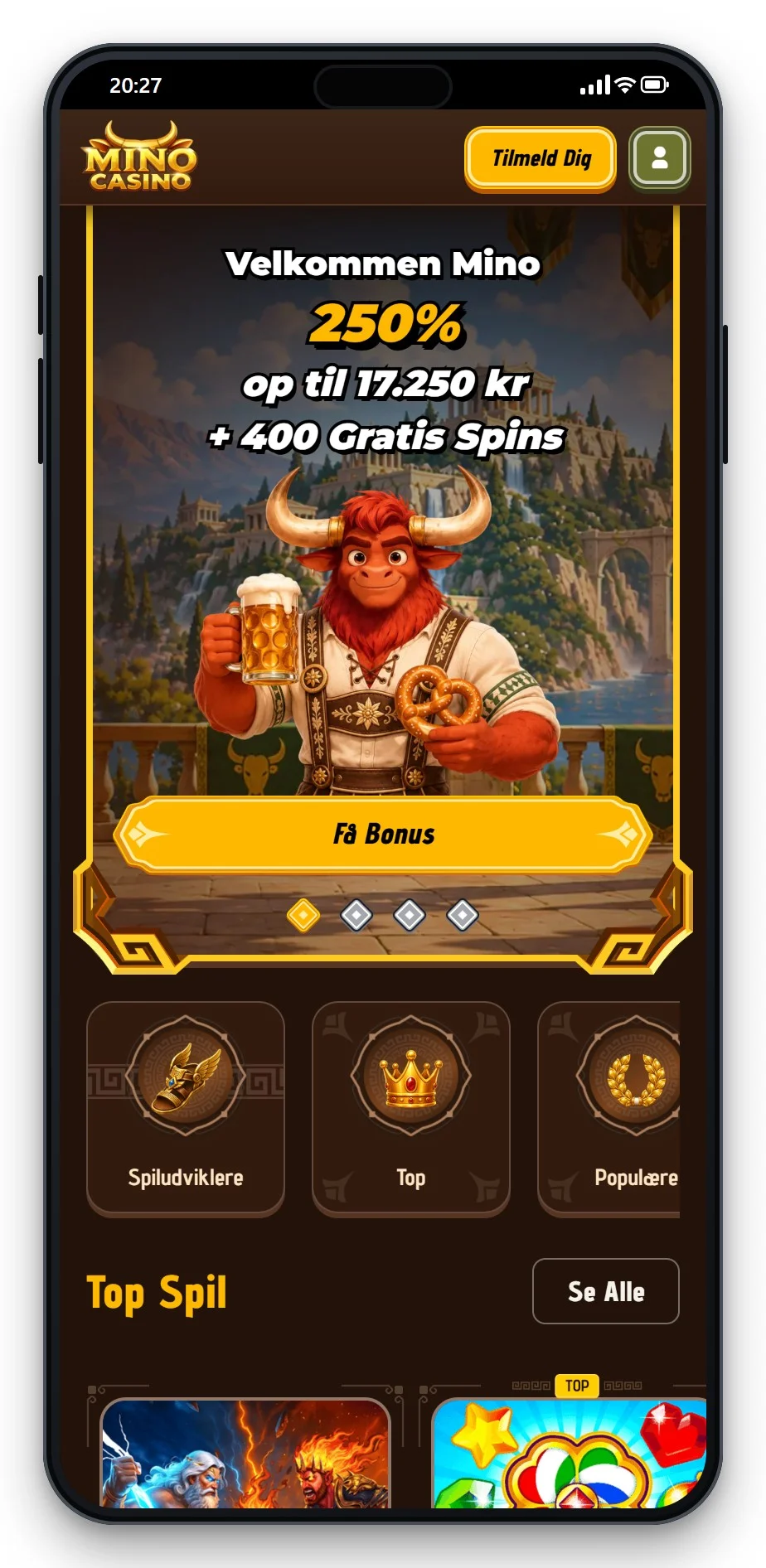 mga casinoer - Mino Casino på mobil, lobbyen