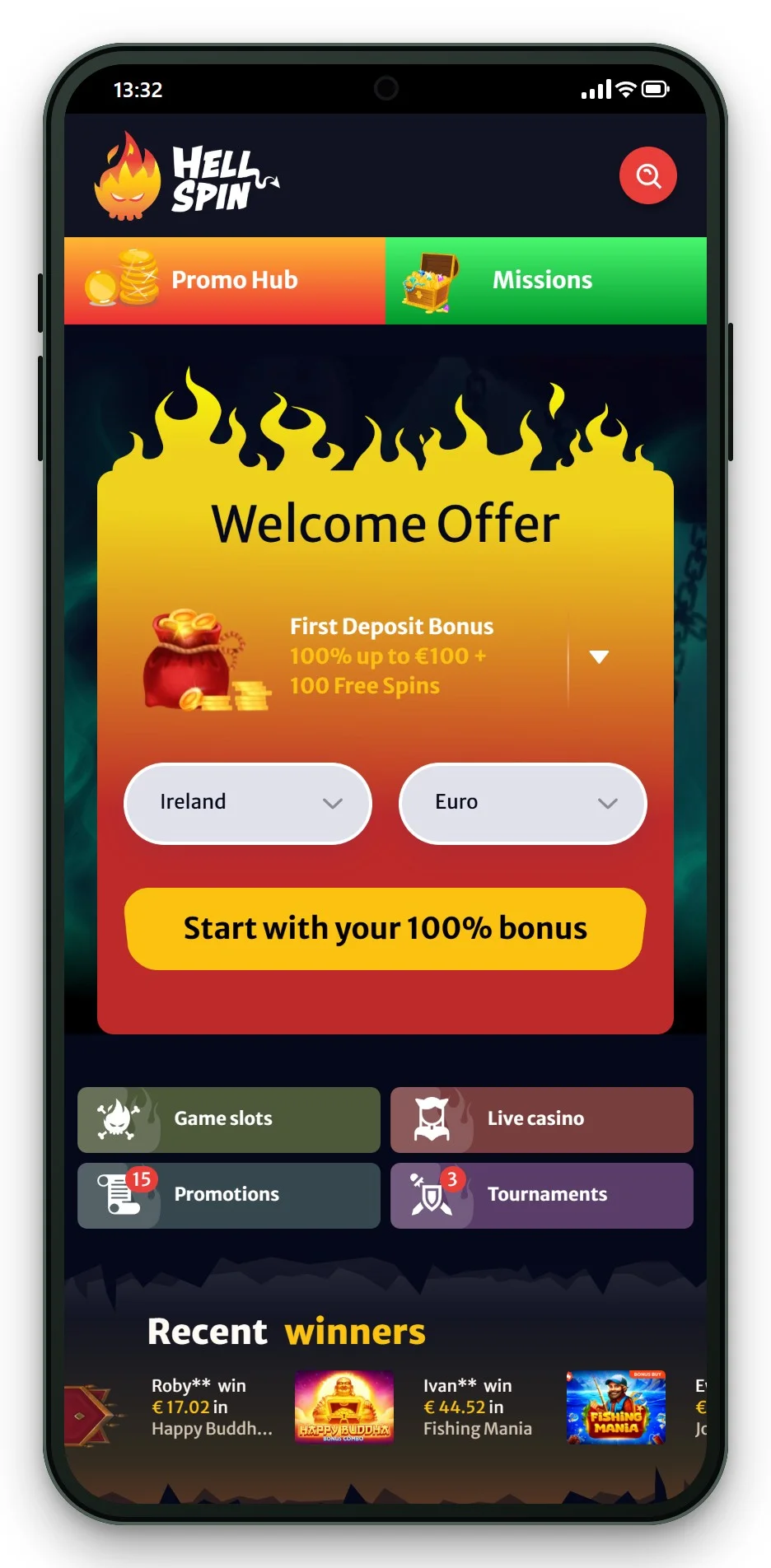 malta online casino: HellSpin mobile lobby